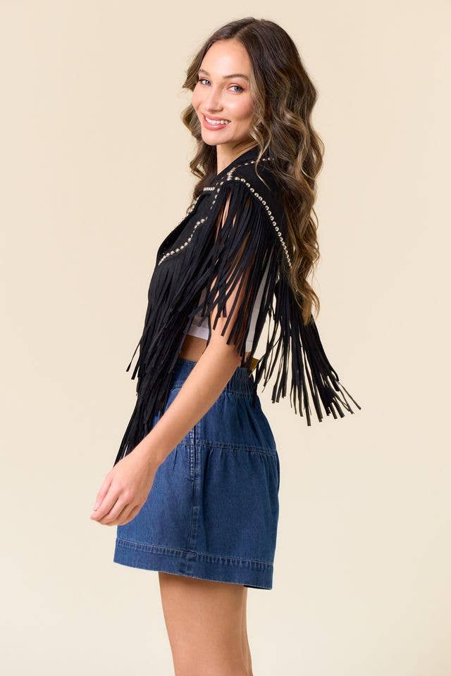 Studded Fringe Shrug-Black