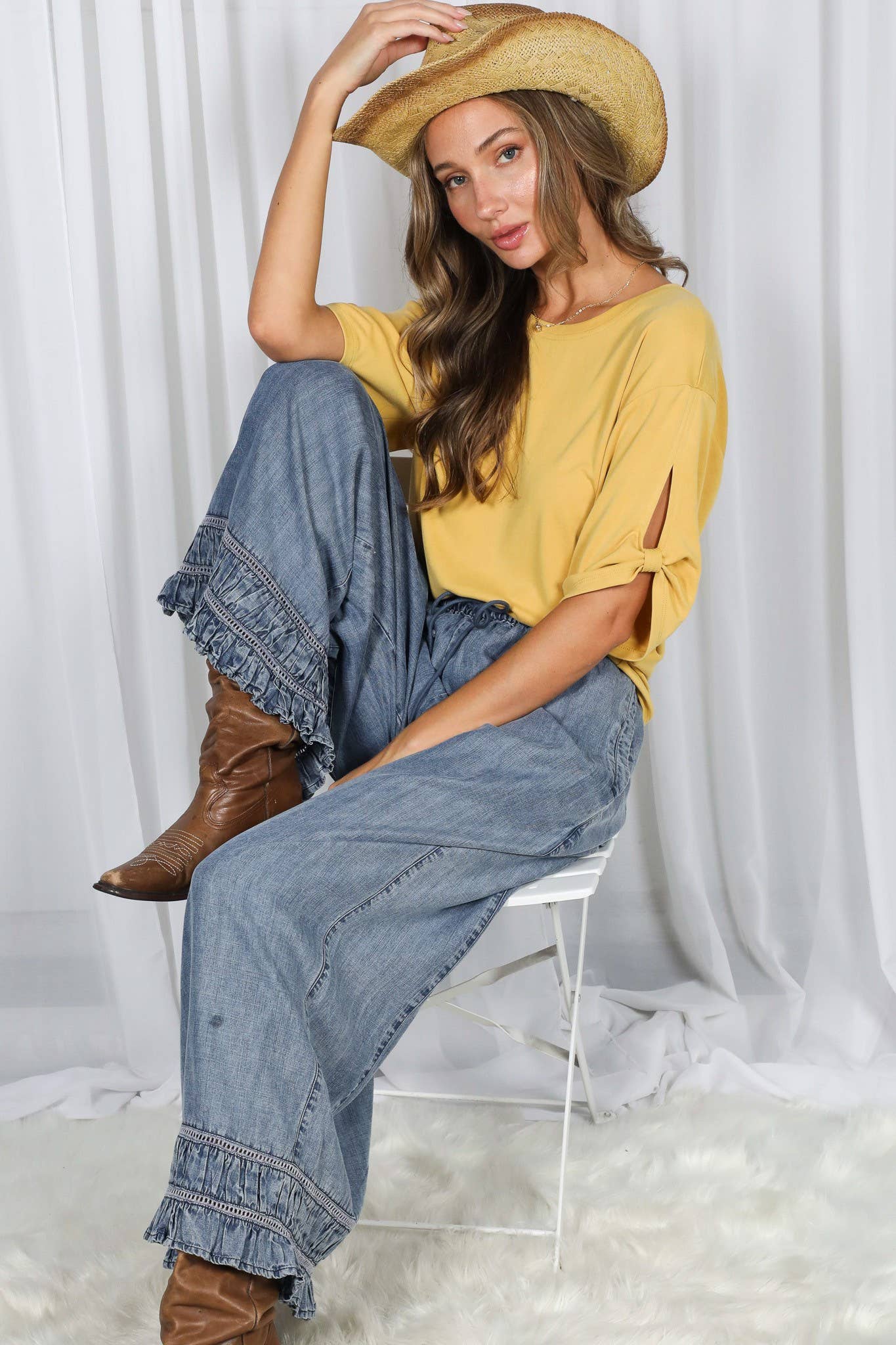 Flared Ruffle Hem Washed Chambray Crop Denim Pants