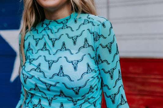 Cow Skull Printed Mesh Top - Turquiose