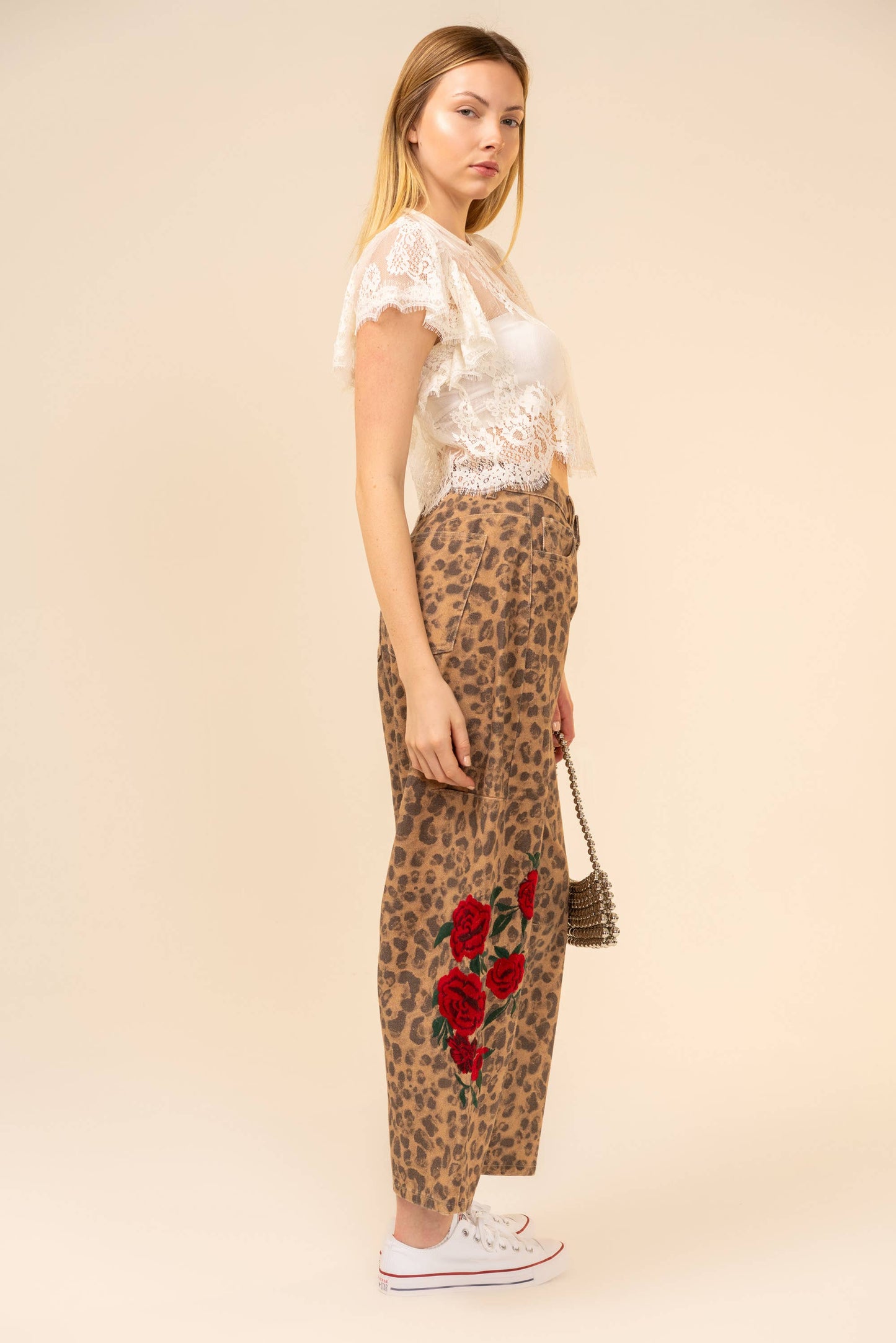91981P Rose Embroidered Leopard Barrel Pants: LEOPARD / S-M-L (2-2-2)