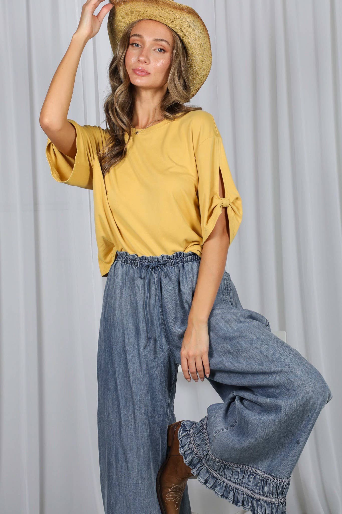 Flared Ruffle Hem Washed Chambray Crop Denim Pants