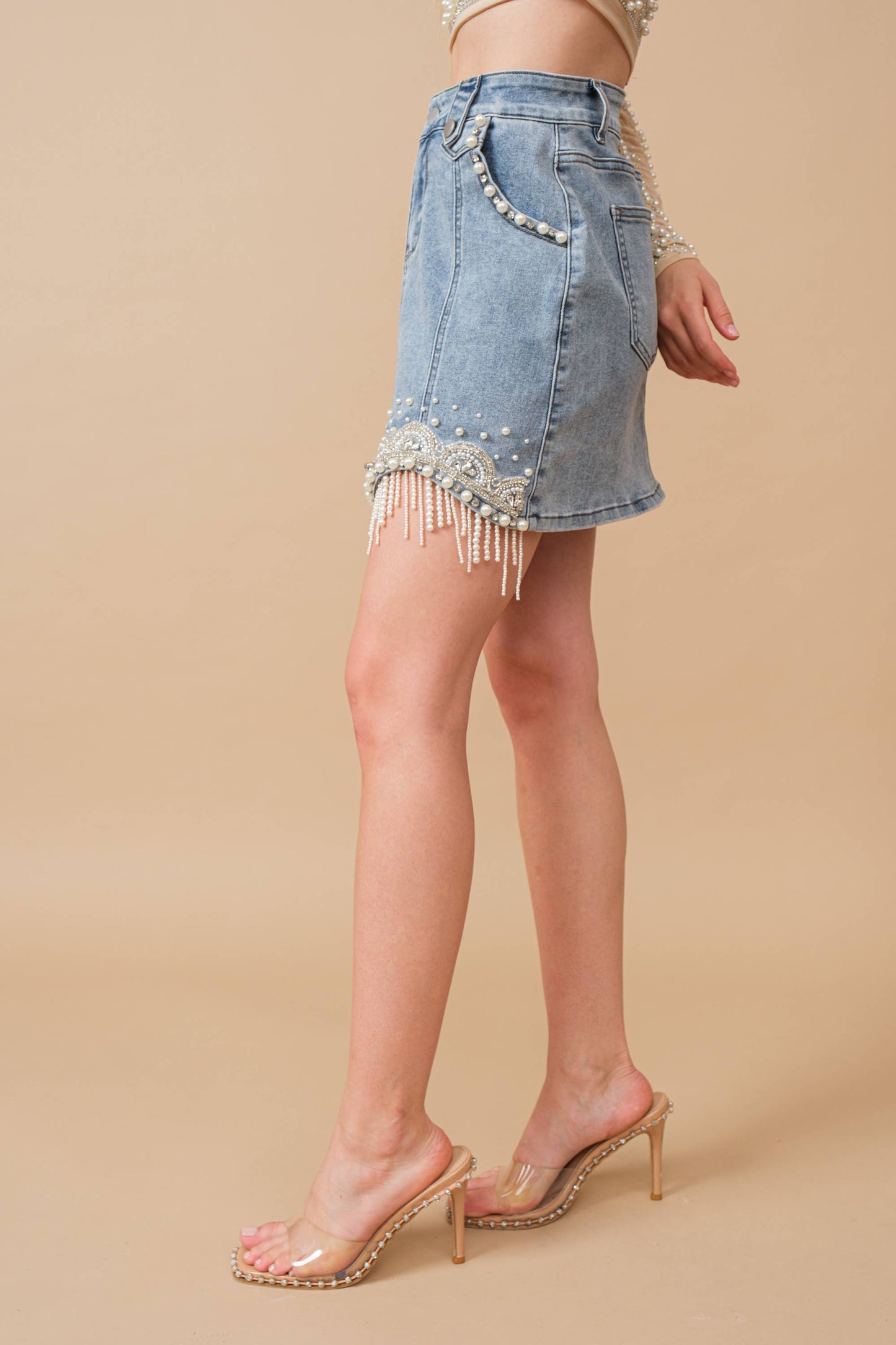 Embellished Pearl Fringe Mini Skirt