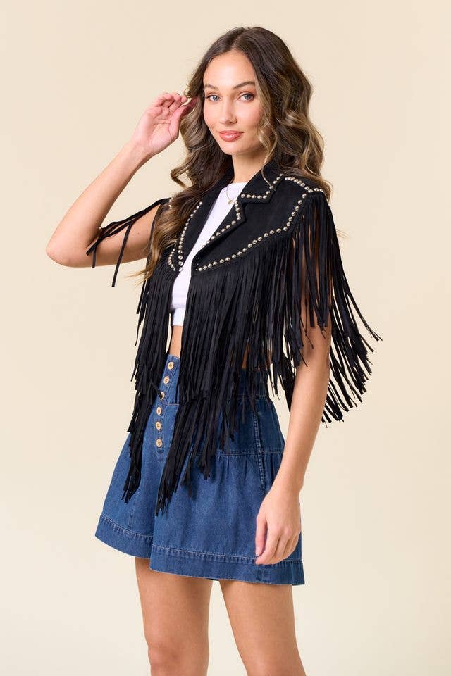 Studded Fringe Shrug-Black