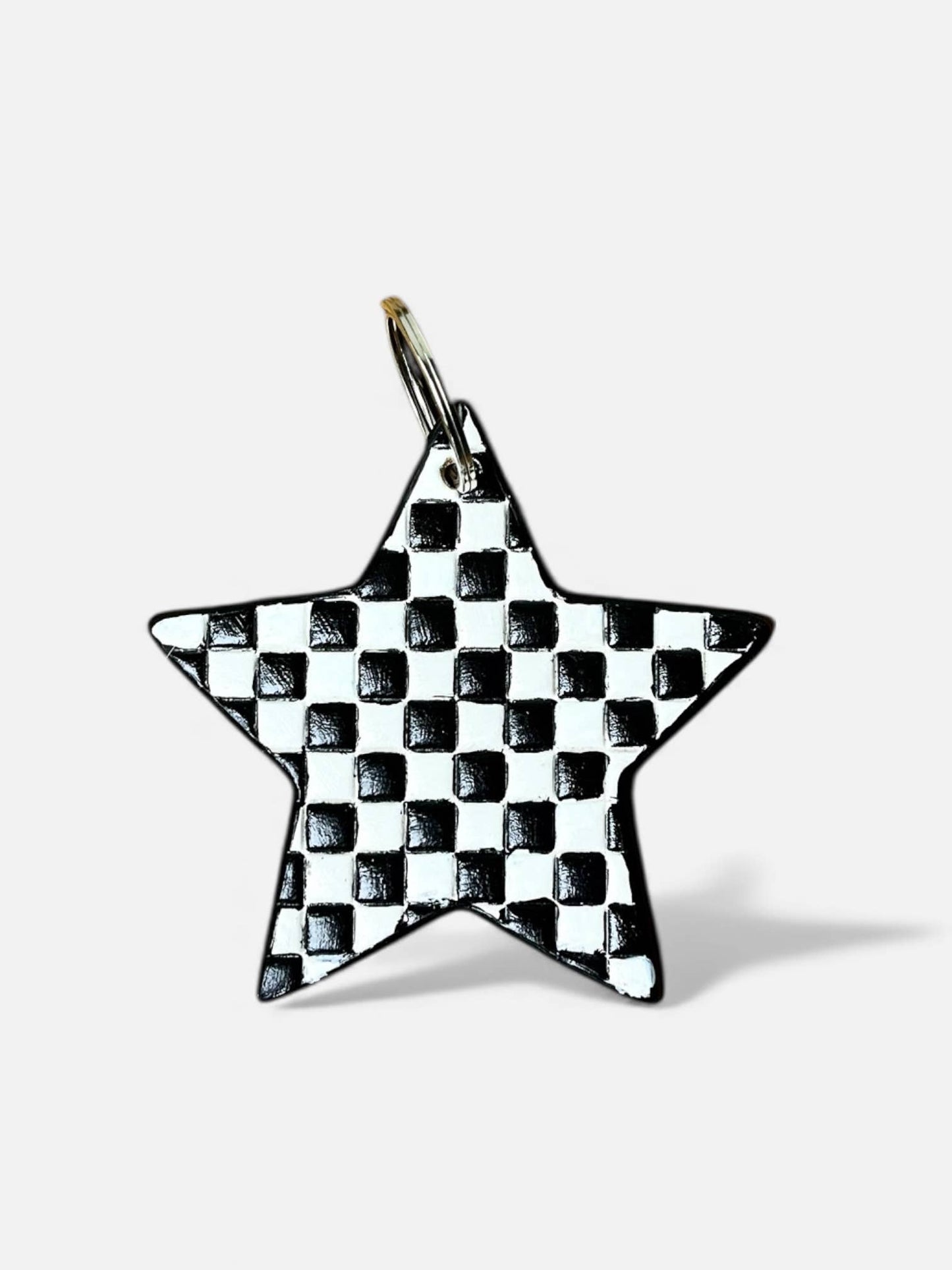 Star checkered tooled leather & cowhide keychain 