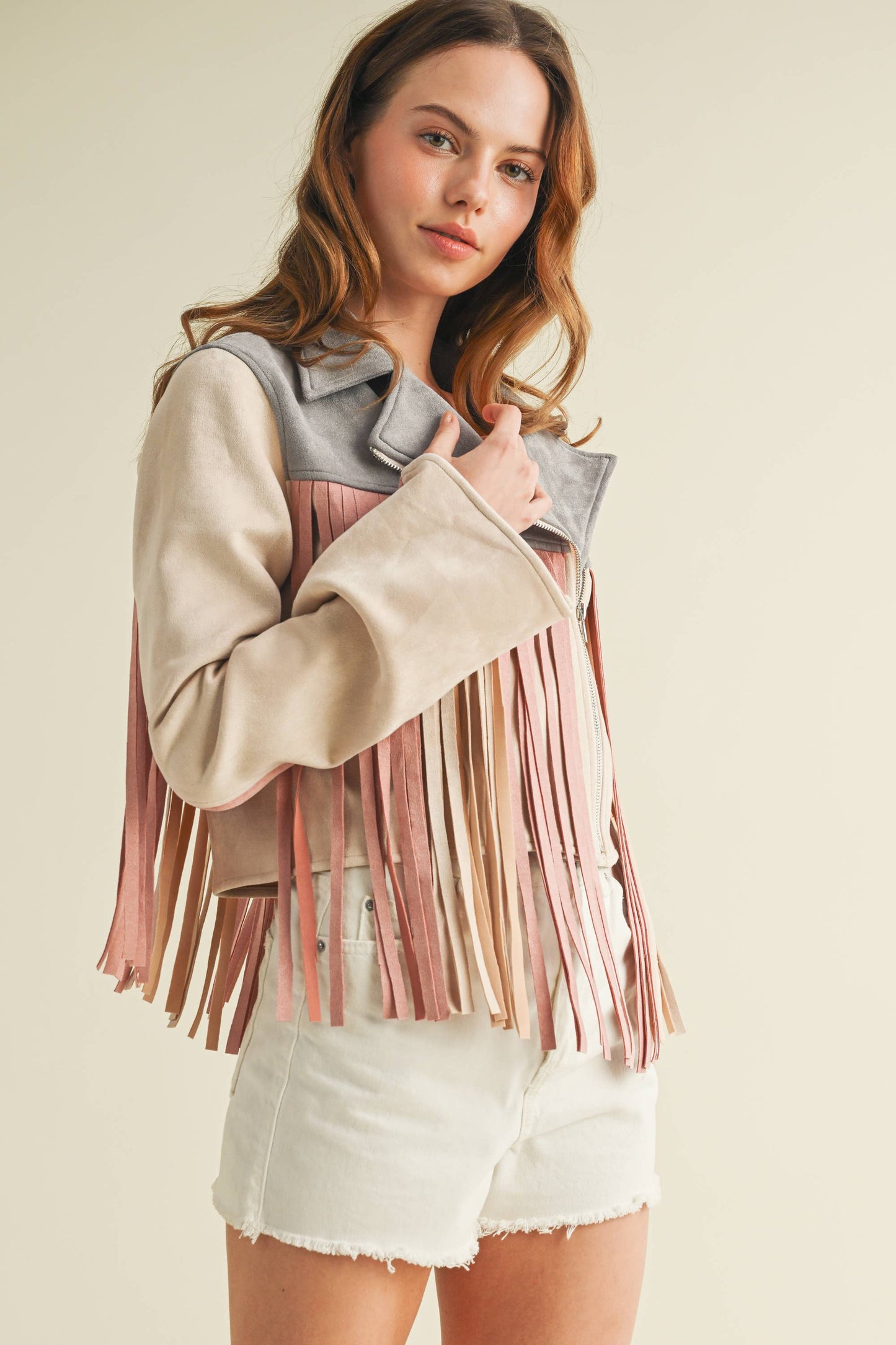 Americana Faux Suede Crop Jacket with Fringe