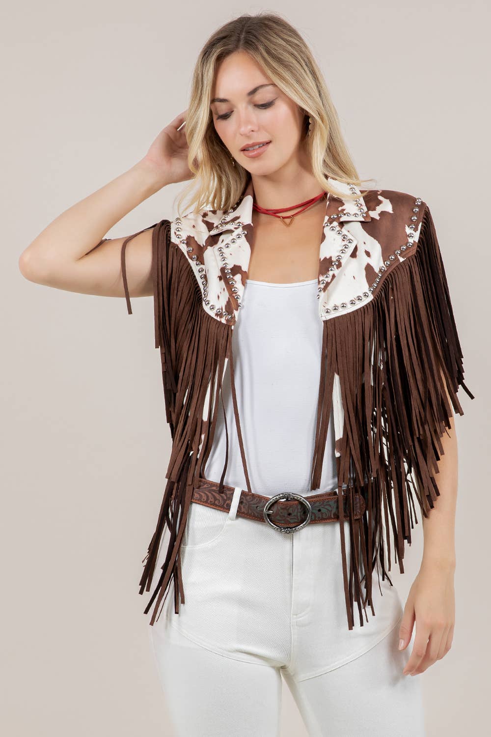 Studded Fringe Shrug- Cow Print