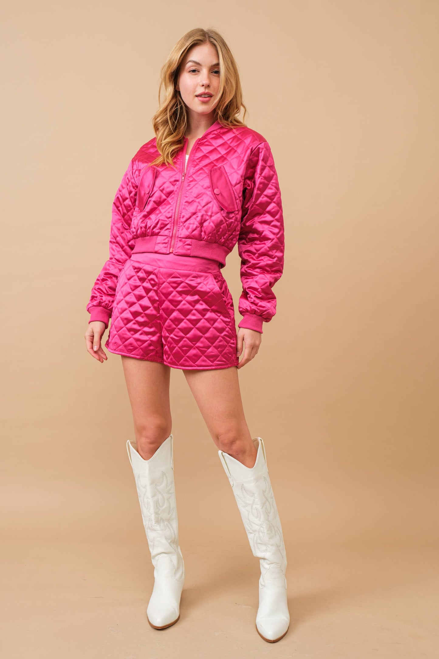 Quilted Crop Pocket Bomber Jacket w/ shorts Matching Set