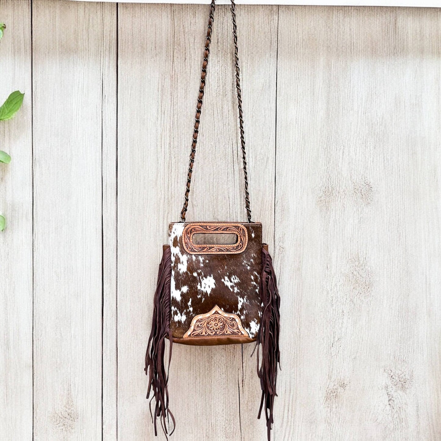 Cowgirl tooled leather & cowhide fringe crossbody bag 