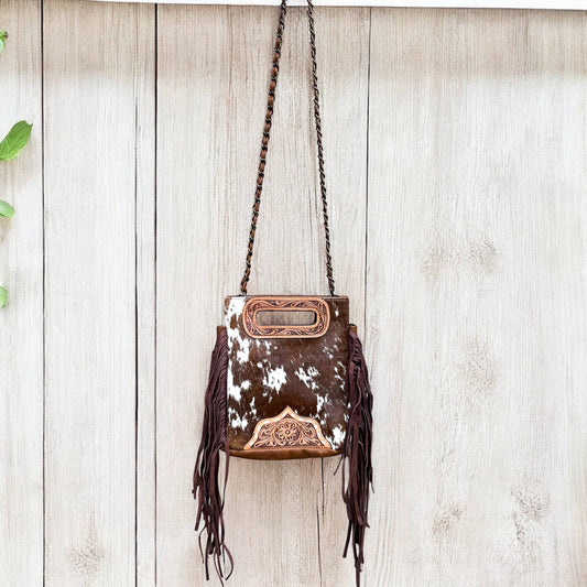 Cowgirl tooled leather & cowhide fringe crossbody bag 