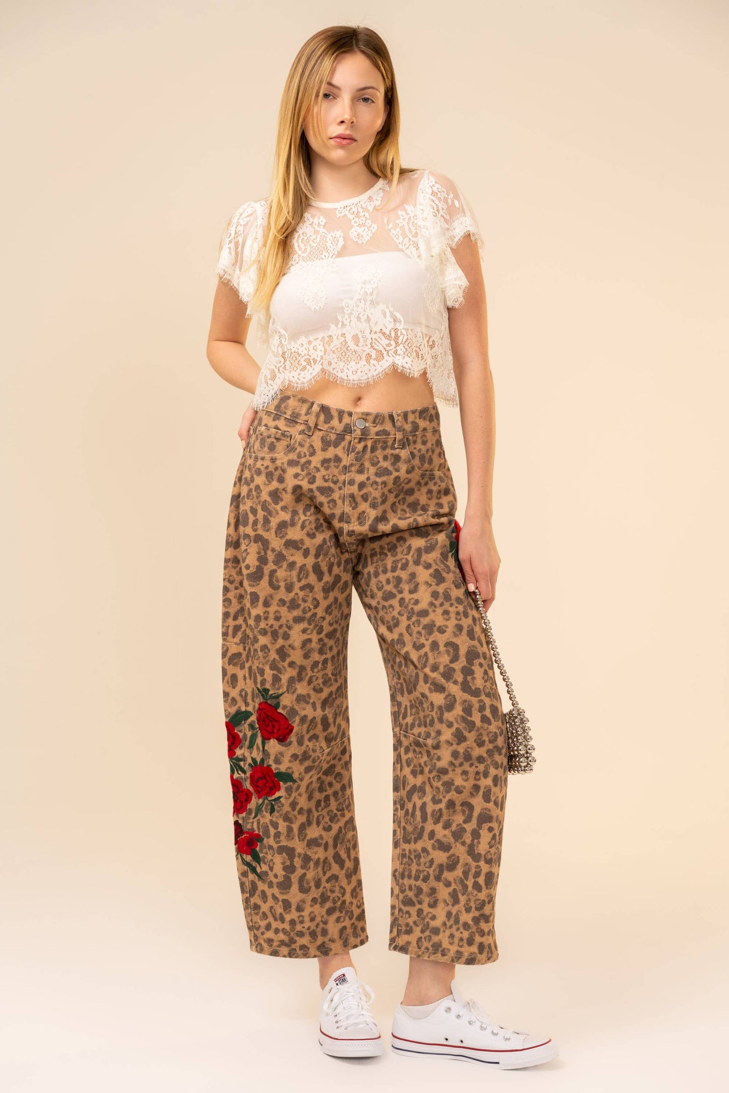 91981P Rose Embroidered Leopard Barrel Pants: LEOPARD / S-M-L (2-2-2)