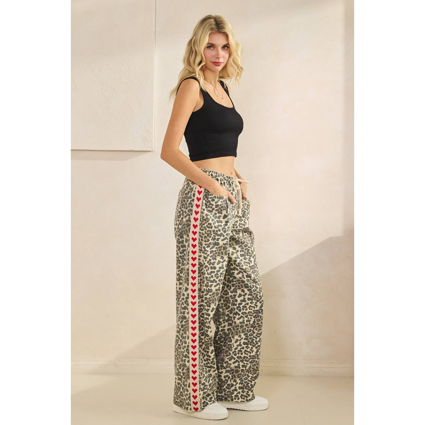 Leopard Printed Striped Wide Legged Pants: Brown Heart