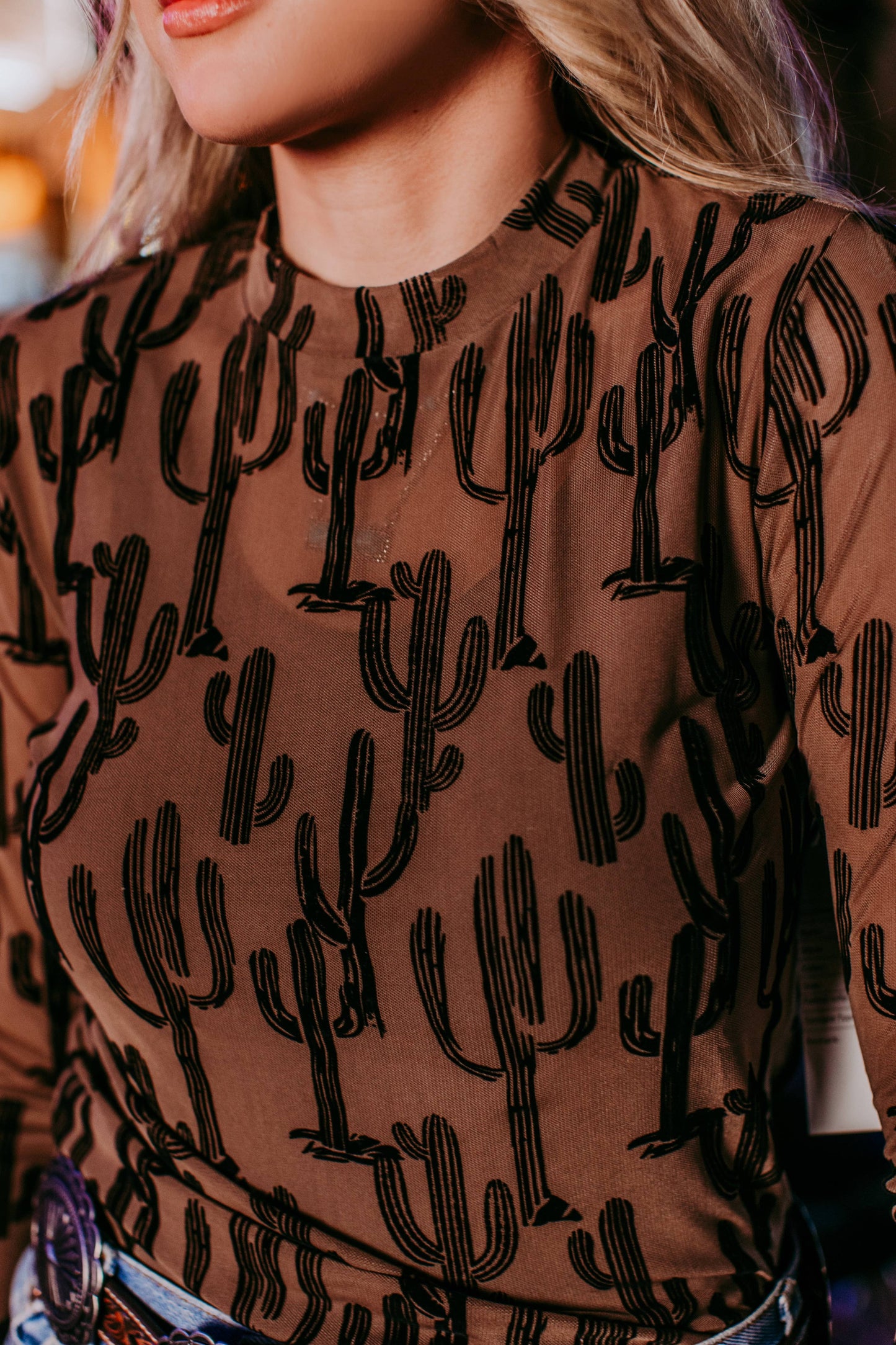 All About Cactus Brown Mesh Top