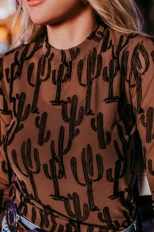 All About Cactus Brown Mesh Top