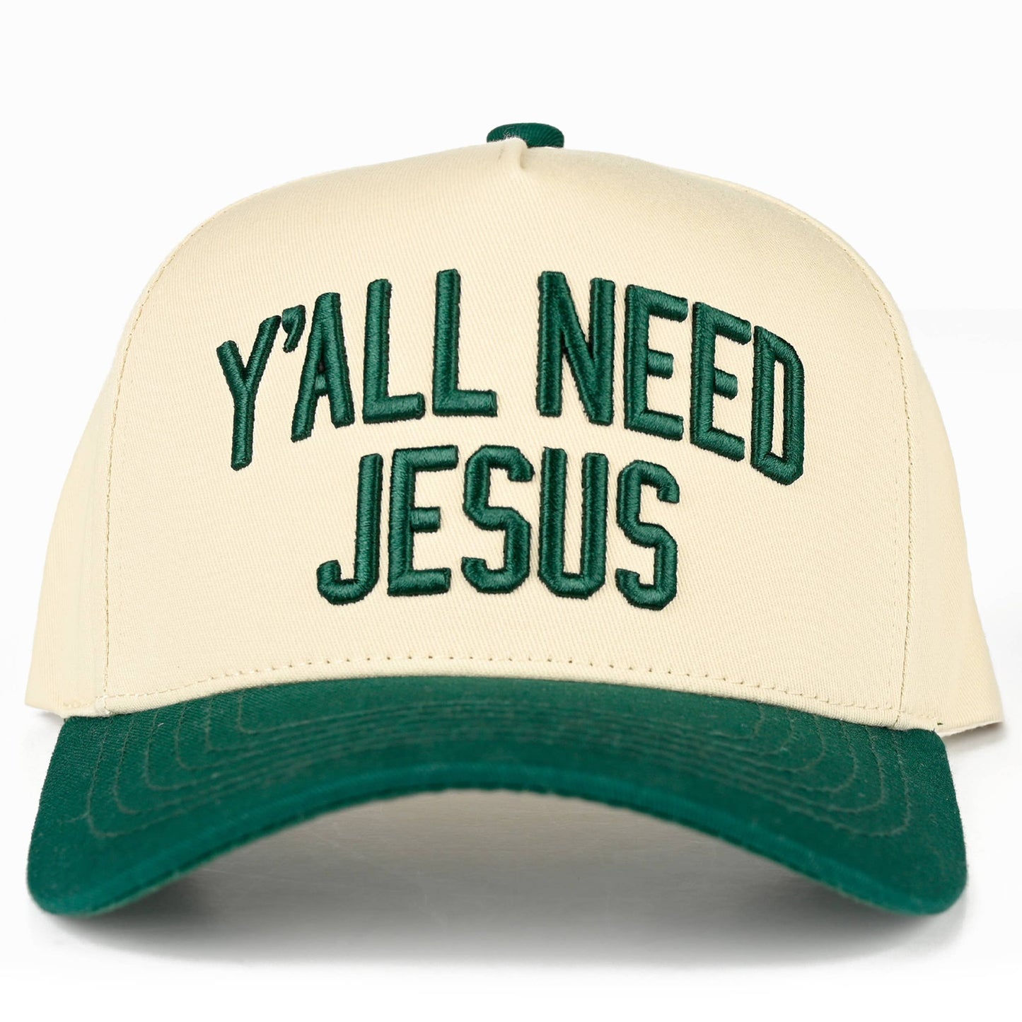 Y'ALL NEED JESUS Embroidered Letter Two Tone Trucker Hat: Beige