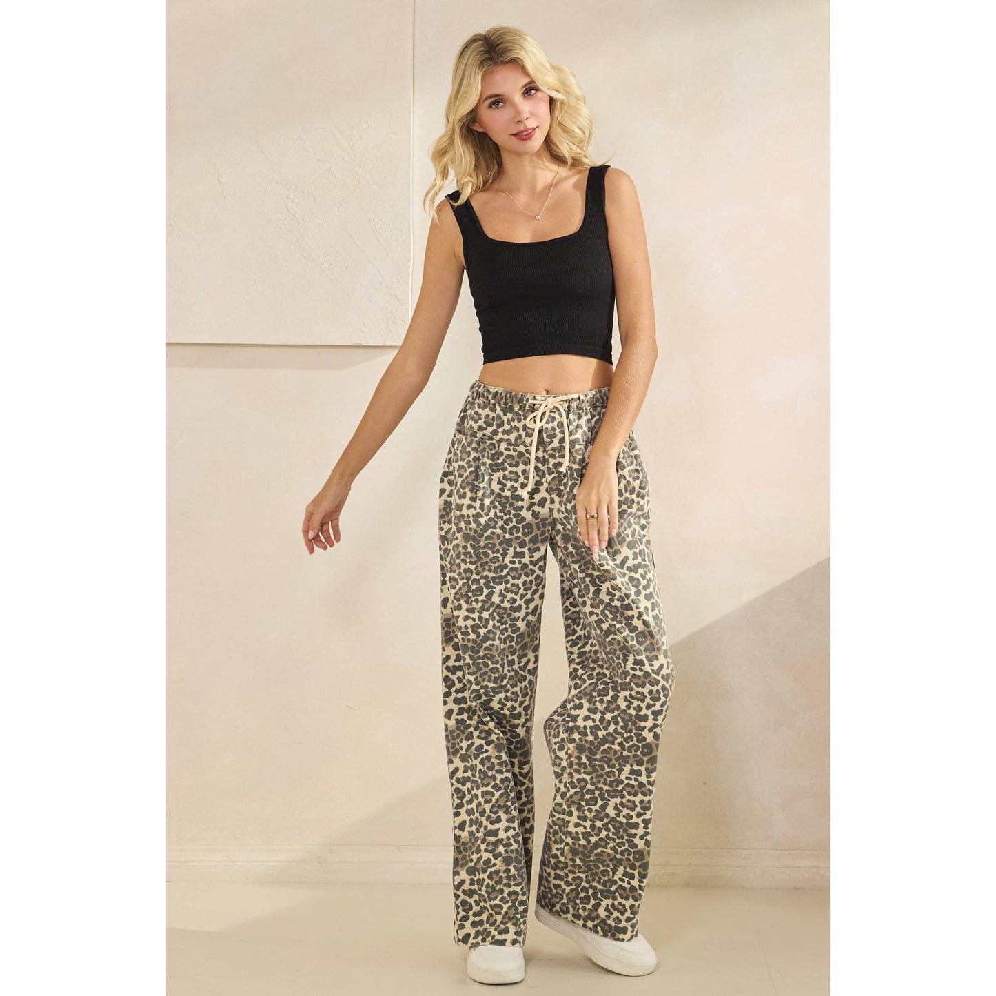 Leopard Printed Striped Wide Legged Pants