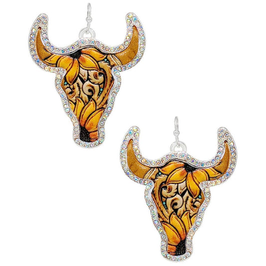 Steer Head Shape Rhinestone Leather Hook Earrings