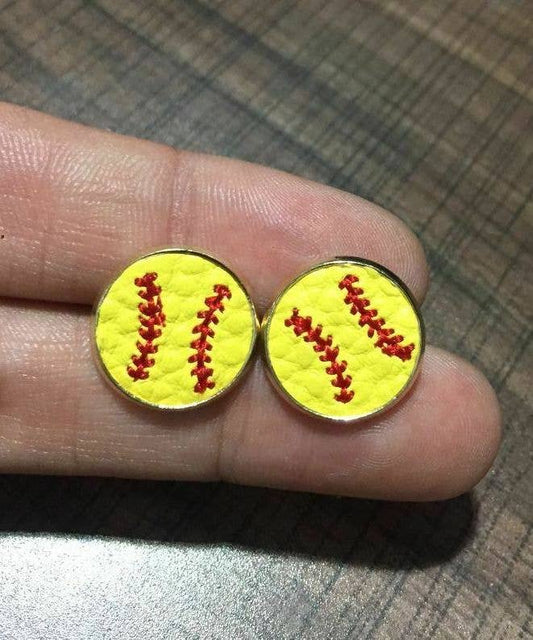 Softball Leather Embroidered Stud Earrings