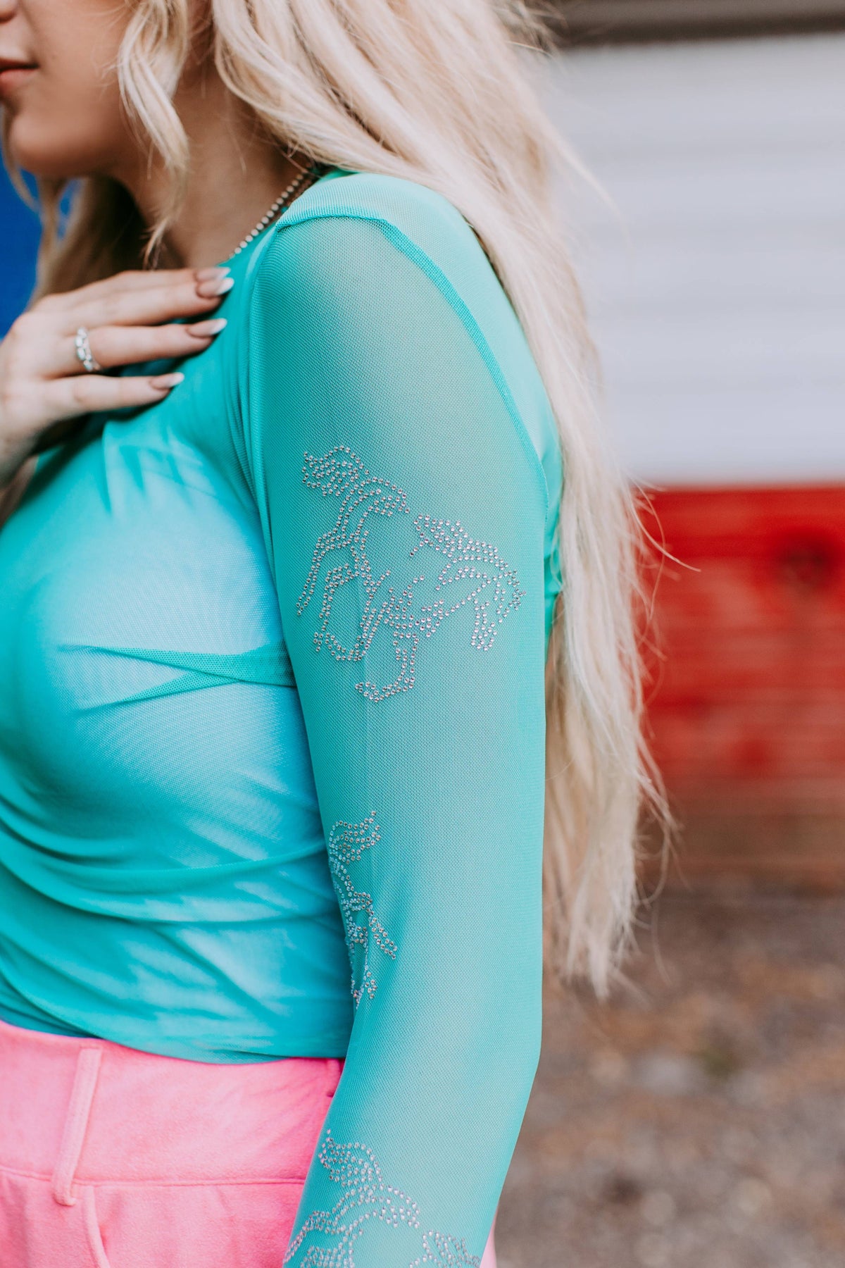 Horses Rhinestone Embellished Mesh Top
