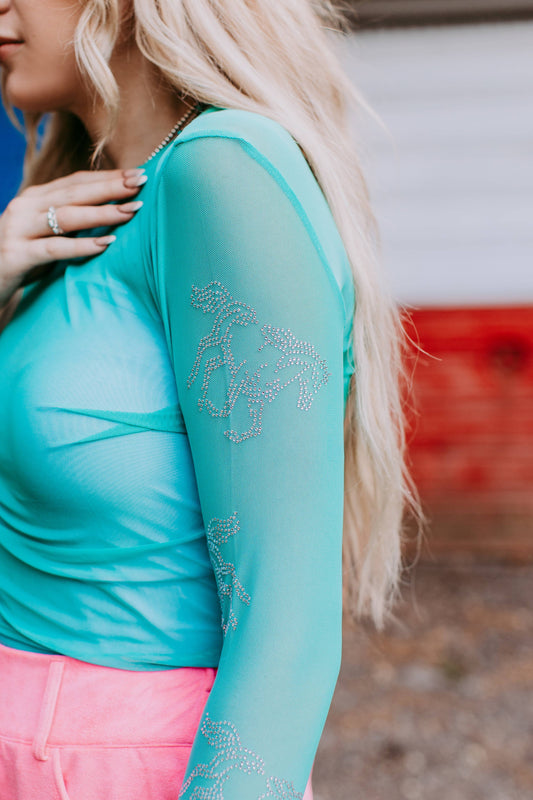 Horses Rhinestone Embellished Mesh Top