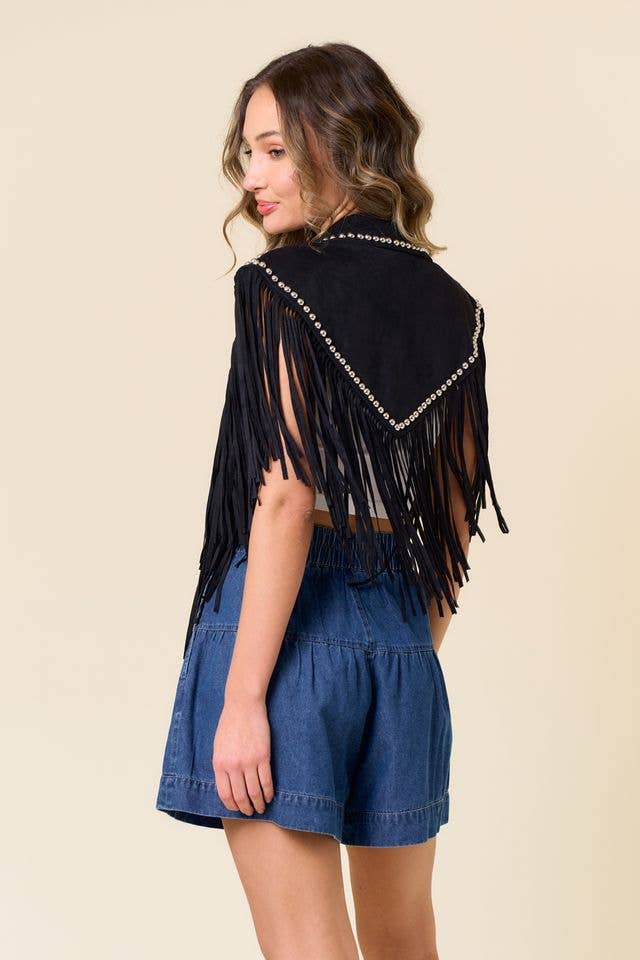 Studded Fringe Shrug-Black