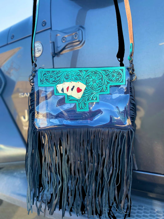 Turquoise Tooled Leather Cards Fringe Festival Bag