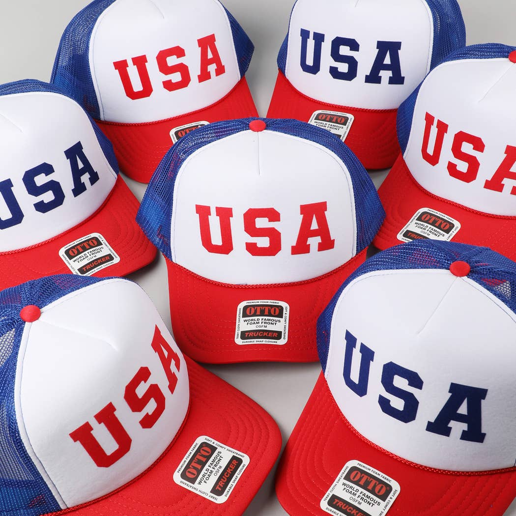 USA Letter Suede Like Logo Print Trucker Hat