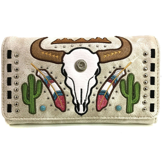 Longhorn Feather Cactus Embroidered Wallet: Beige