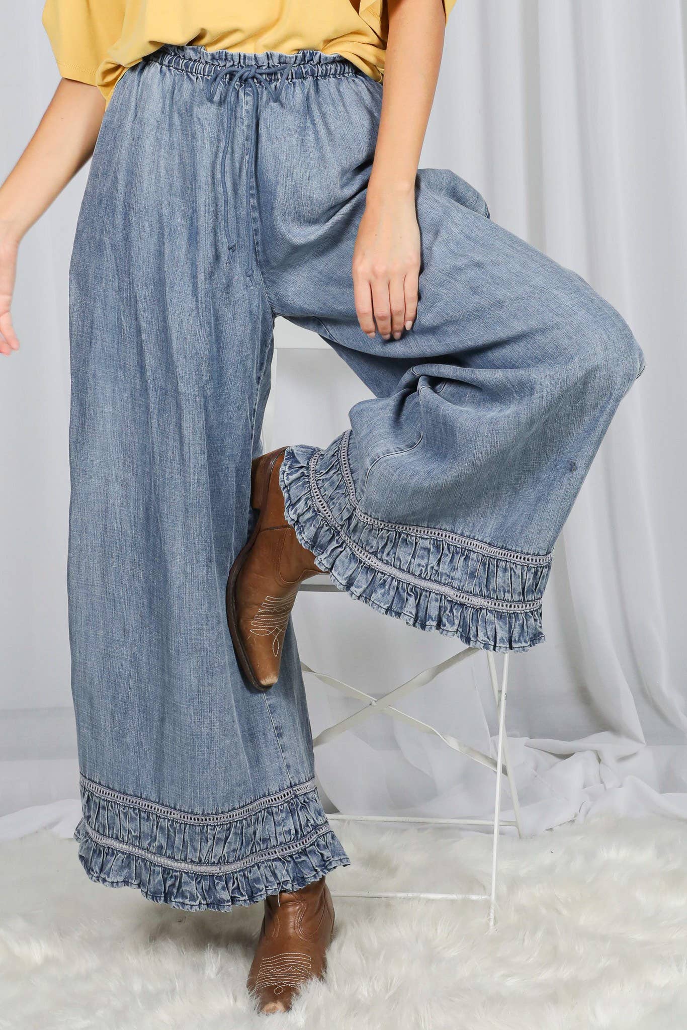 Flared Ruffle Hem Washed Chambray Crop Denim Pants