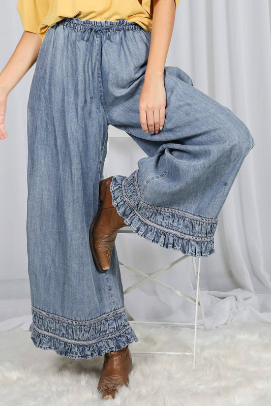 Flared Ruffle Hem Washed Chambray Crop Denim Pants