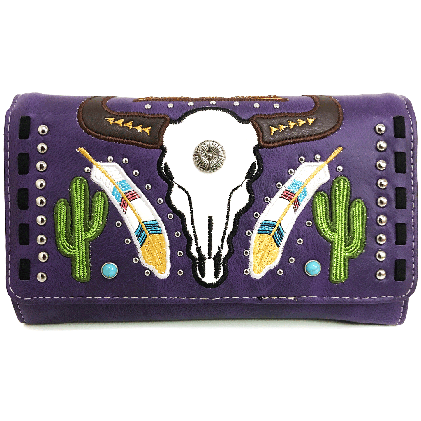 Longhorn Feather Cactus Embroidered Wallet: Beige