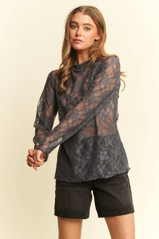 Floral Print Lace Long Sleeve Mesh/Lace Top