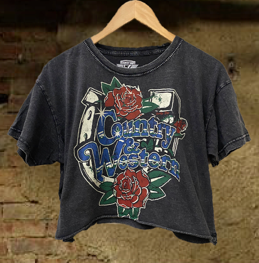 Country & Western Horseshoe Relaxed Cropped Acid wash T-shirt: Medium black