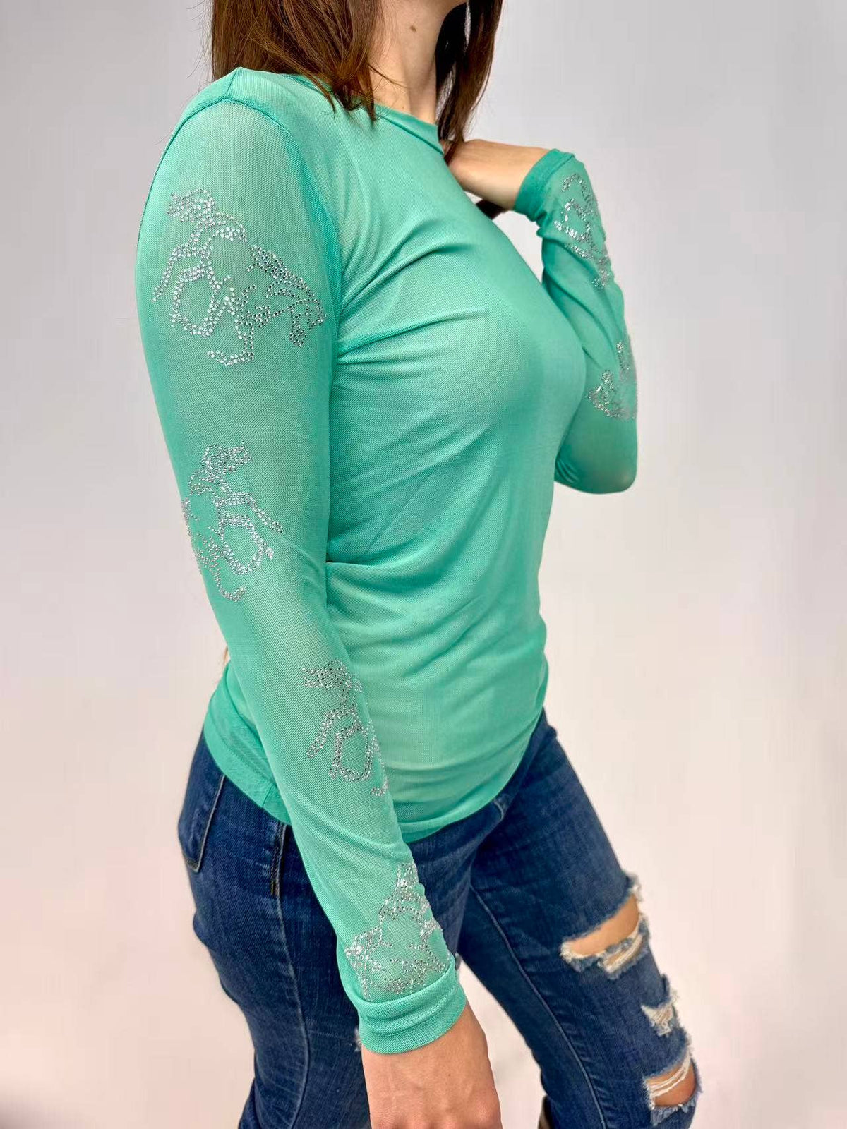 Horses Rhinestone Embellished Mesh Top