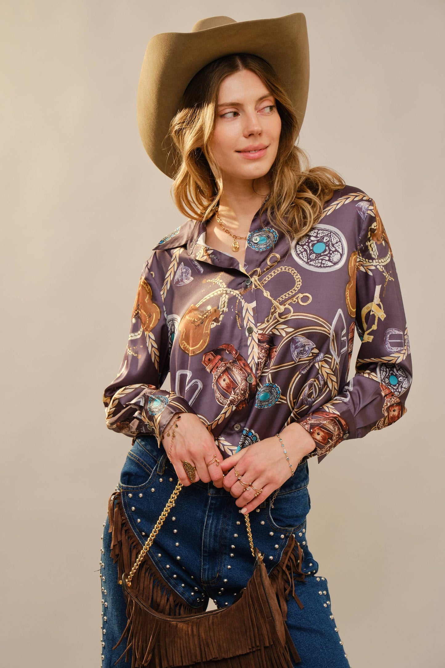 Western Motif Printed Button Down Shirt