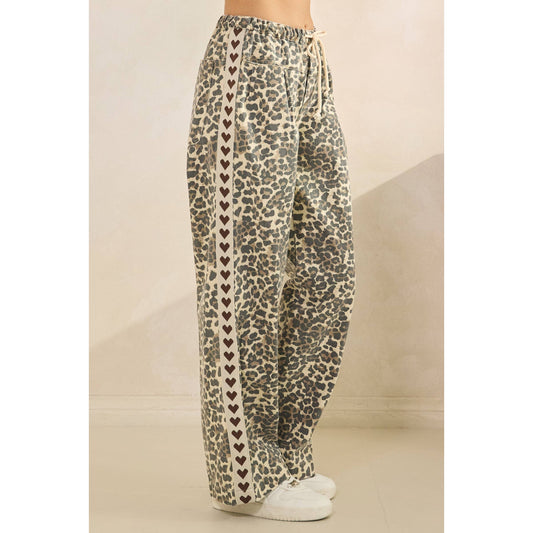 Leopard Printed Striped Wide Legged Pants: Brown Heart