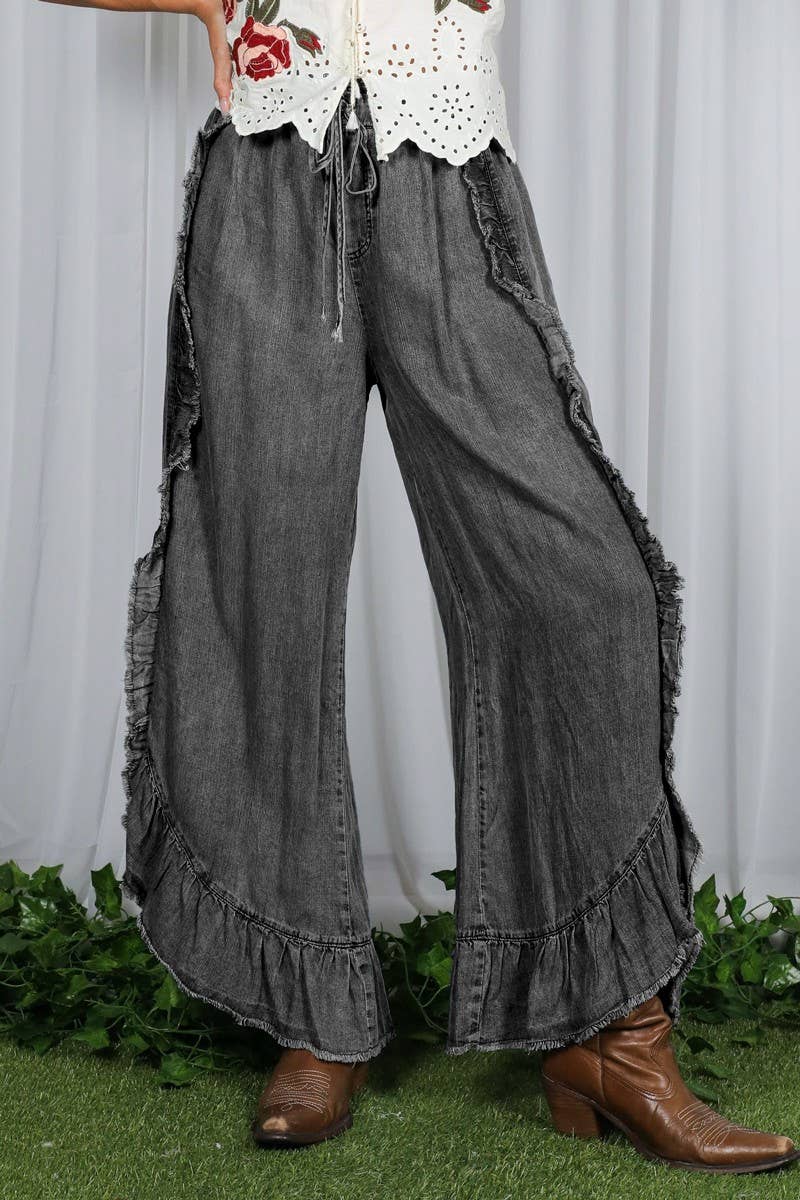 Flared Ruffle Hem Chambray Crop Denim Pants Black Denim