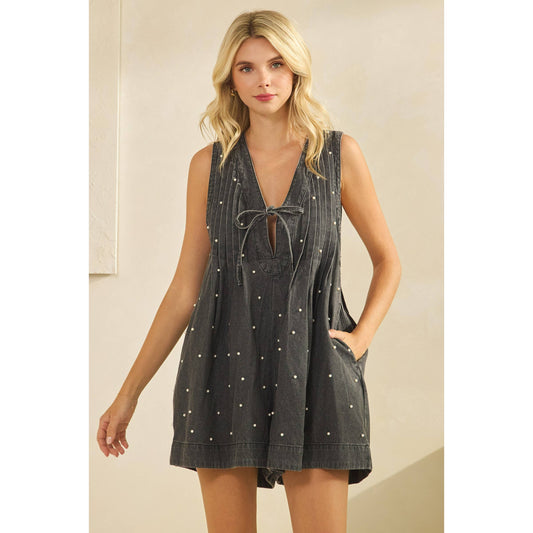 Pleated All over Pearl Denim Romper