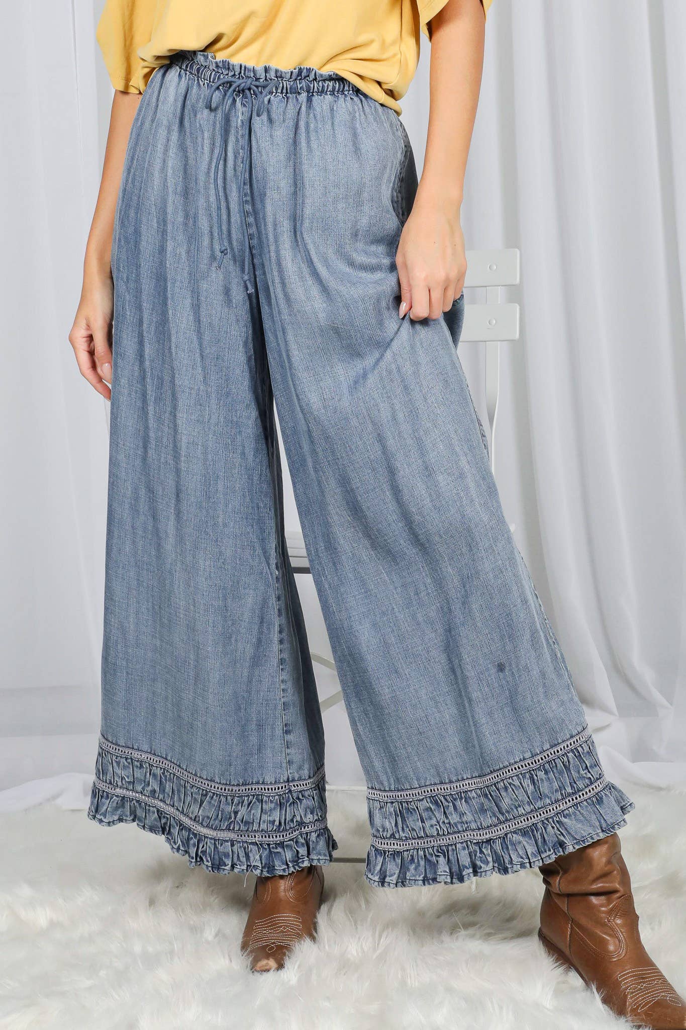 Flared Ruffle Hem Washed Chambray Crop Denim Pants