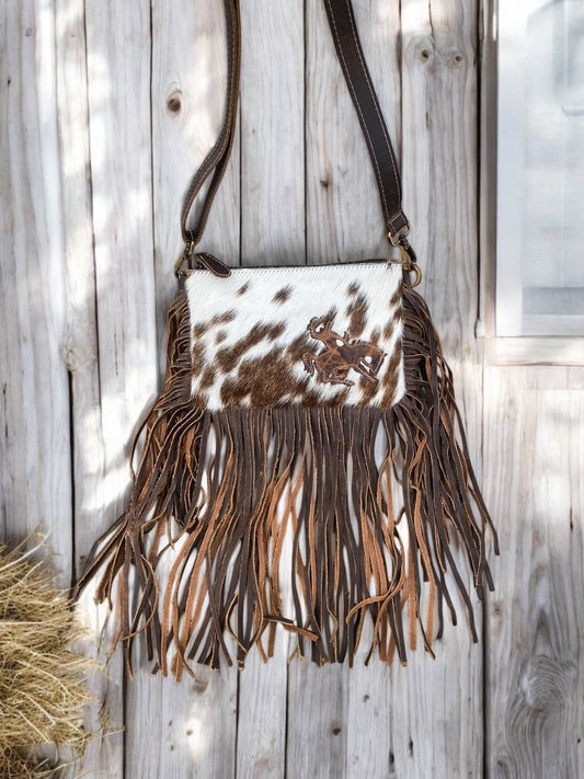 Bucking Horse Cowhide Fringe Crossbody