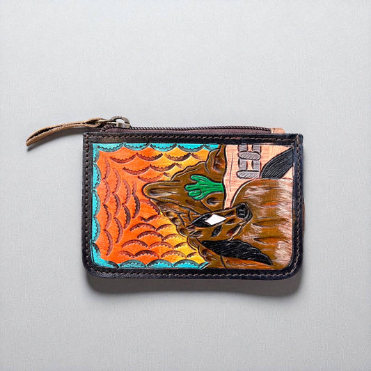 Horse tooled leather & cowhide coin pouch 