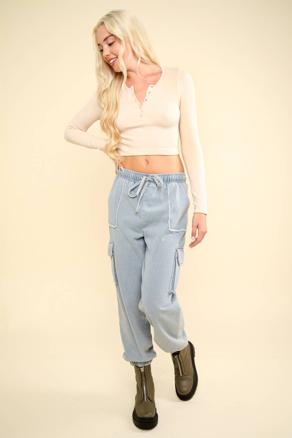 Casual Fitted Crop Henley Knit Top