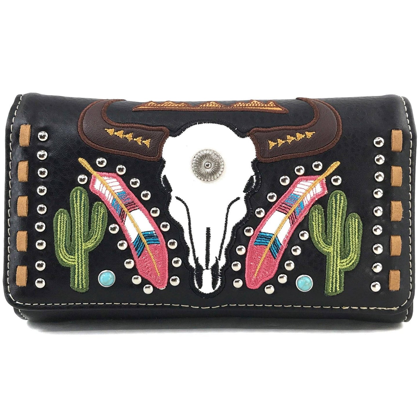 Longhorn Feather Cactus Embroidered Wallet: Beige