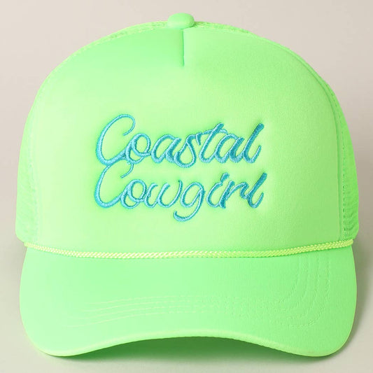 Costal Cowgirl Embroidered Trucker Hat: NEON GREEN