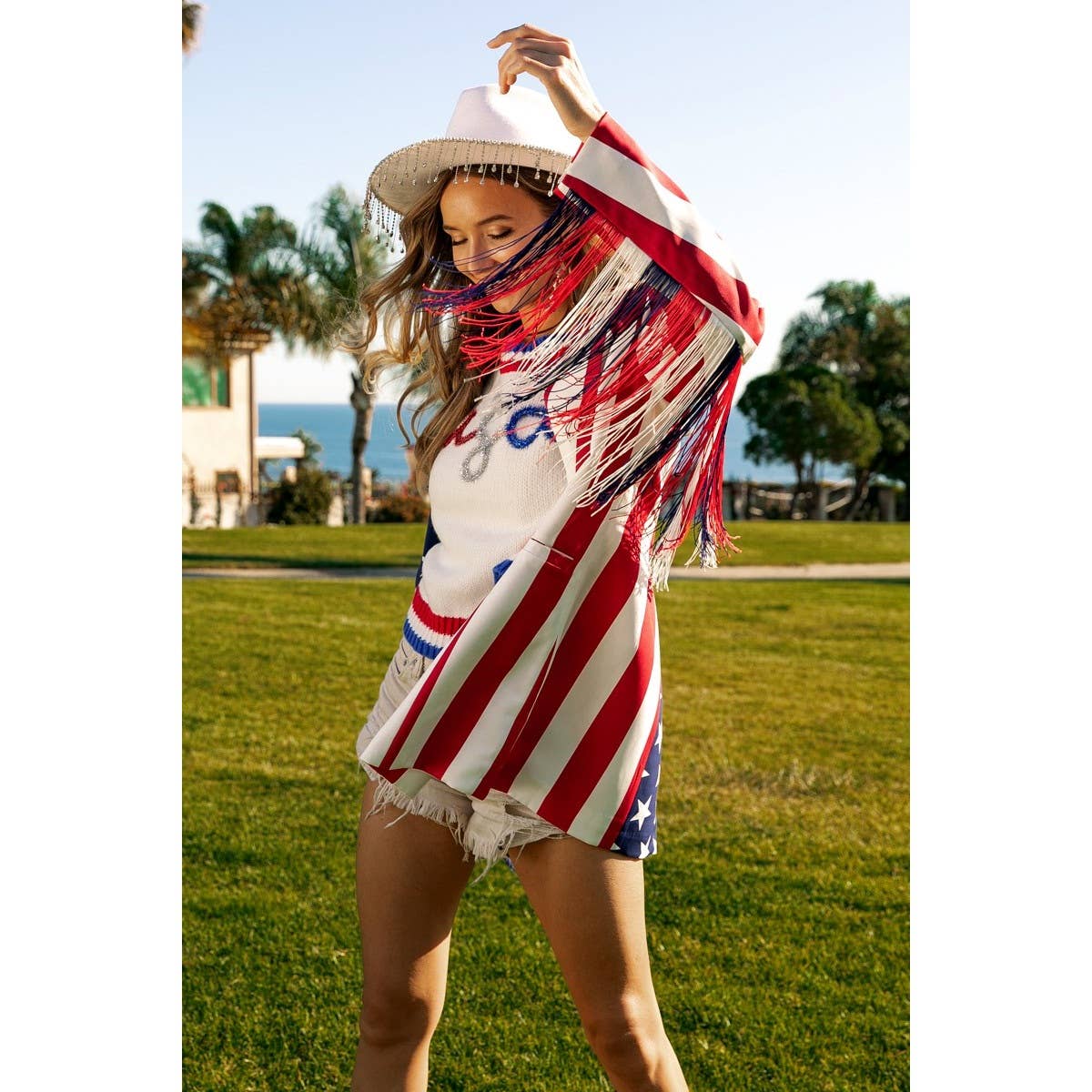 AMERICAN FLAG FRINGE SLEEVE BLAZER