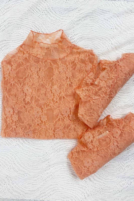 Floral Print Lace Long Sleeve Mesh/Lace Top