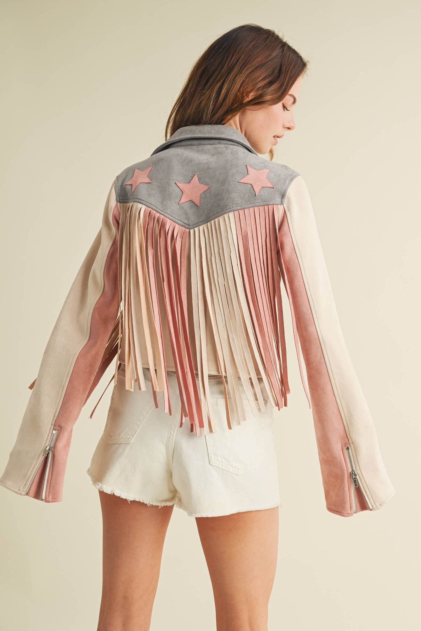 Americana Faux Suede Crop Jacket with Fringe