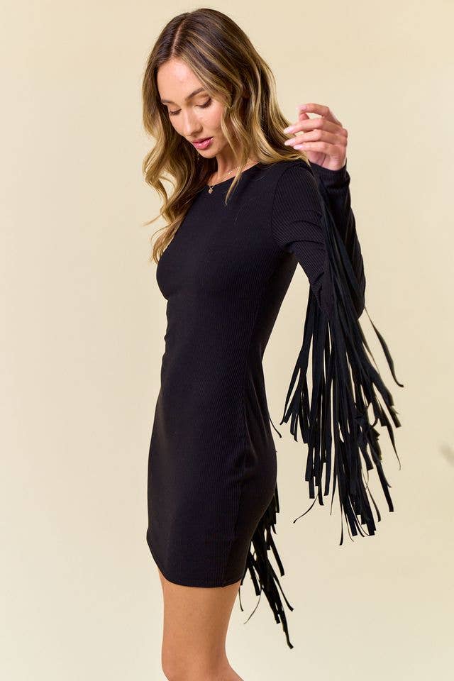 Black Long Sleeve Ribbed Festival Dress
