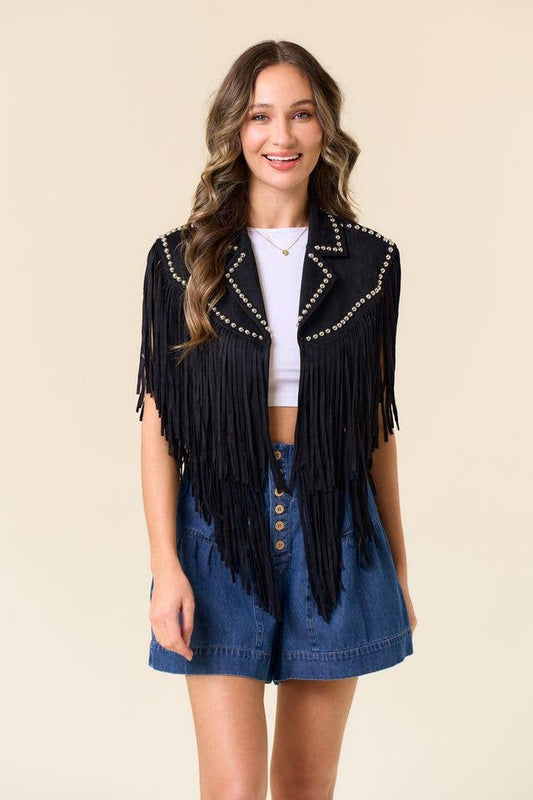 Studded Fringe Shrug-Black