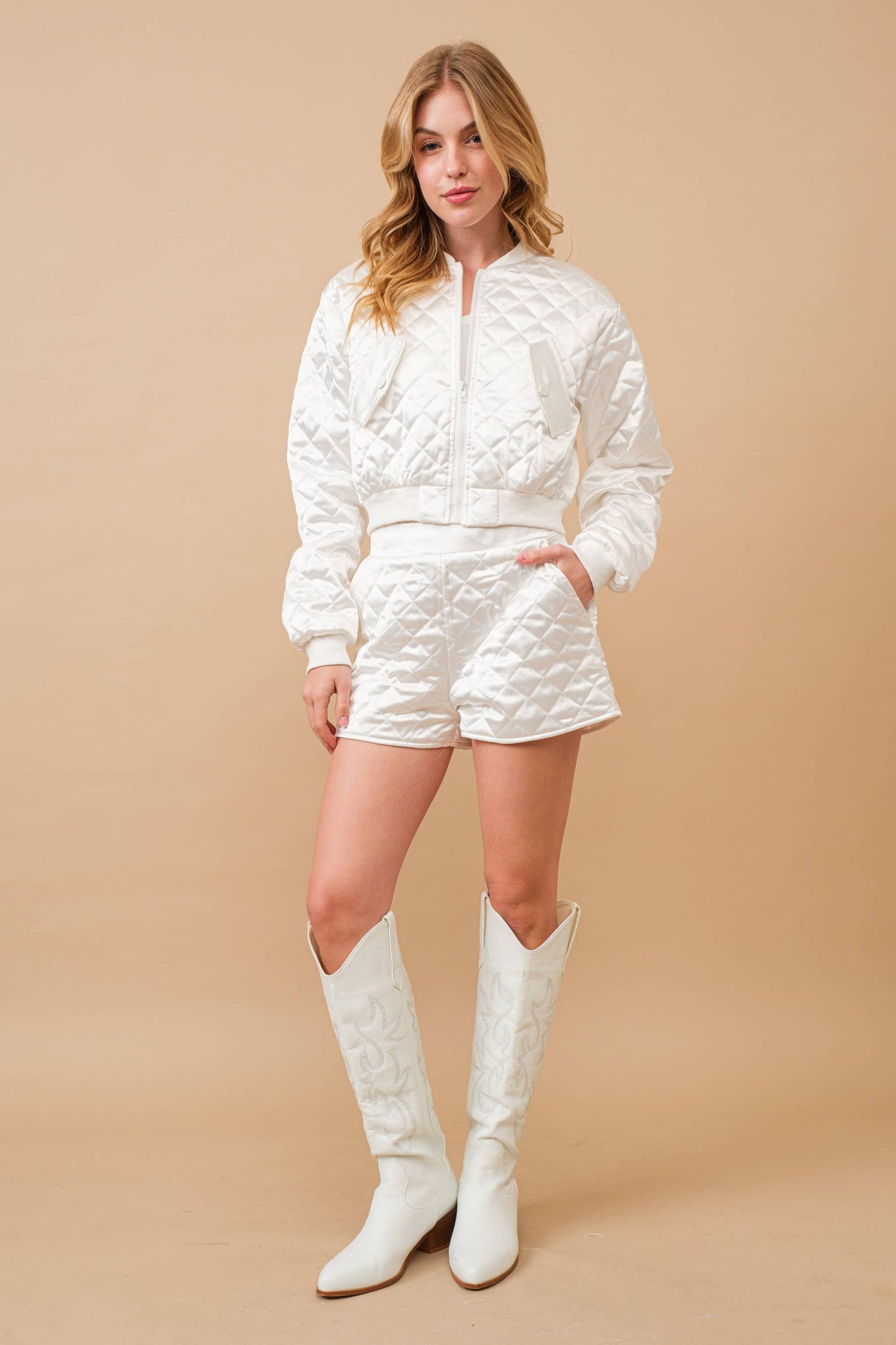 Quilted Crop Pocket Bomber Jacket w/ shorts Matching Set
