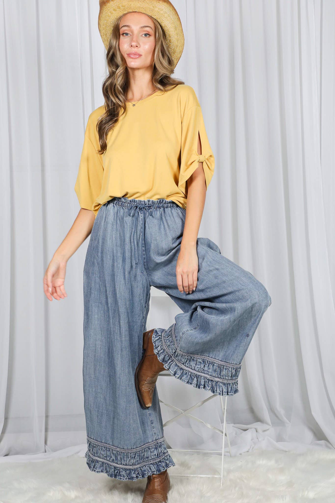 Flared Ruffle Hem Washed Chambray Crop Denim Pants
